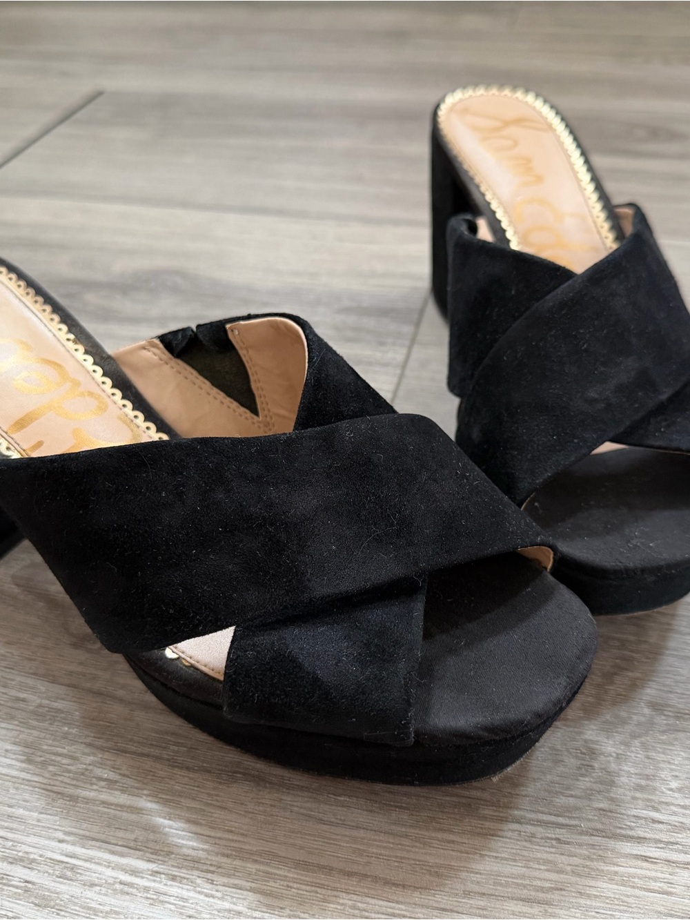 Sam Edelman Black Suede Crisscross Platform Mules